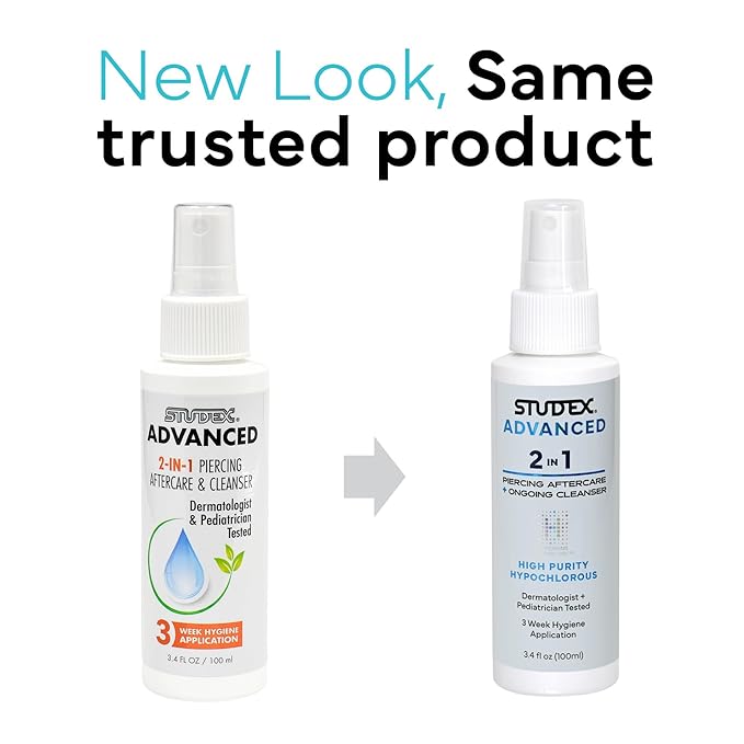 Studex Advanced 2-in-1 Piercing Aftercare & Cleanser – Hypochlorous Spray for Body and Ear Piercing, Hypoallergenic Formula for Sensitive Skin (3.4oz)