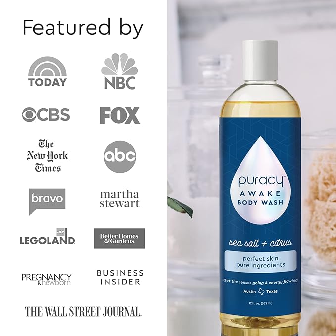 Puracy Body Wash, Natural Body Wash, 98.6% Pure Plant Ingredients, Moisturizing Shower Gel for Women Men Kids, Body Soap for Dry Sensitive Skin. Gently Scented with Citrus & Sea Salt, 12 Oz (2-Pack)