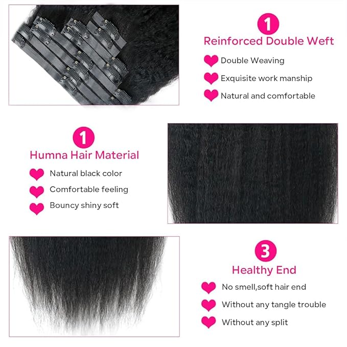 Seamless Kinky Straight Clip in Hair Extensions for Black Women Brazilian Virgin Human Hair Extensions 8Pcs Seamless Clip ins Human Hair with 18Clips Invisible PU Skin Weft 120g 26inch Natural Black