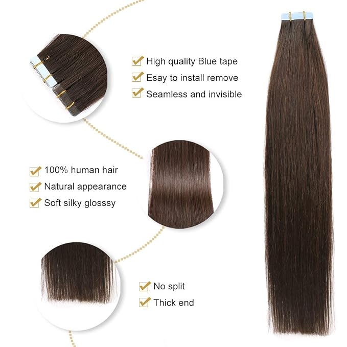 YILITE Tape in Extensions Human Hair Darkest Brown Silky Straight Seamless Skin Weft Tape in Hair Extensions 18 inch 50 Gram 20Pcs/Pack Tape in Remy Hair Extensions(18 inches #2 Darkest Brown)