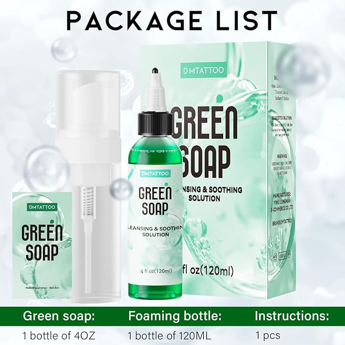 Green Tattoo Soap 4OZ with Foaming Bottle 120ml, Tattoo Supplies for Tattoos Piercings, Clean Skin
