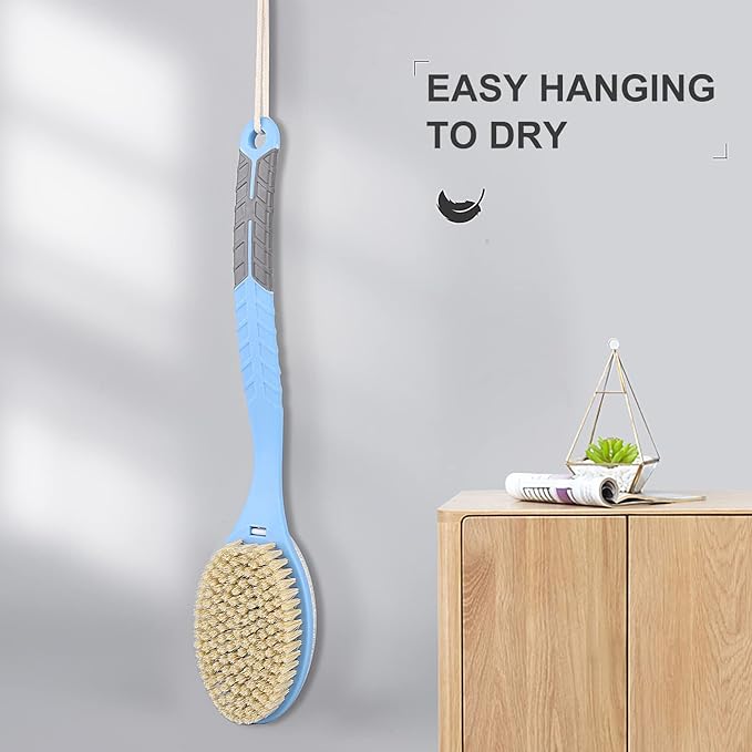 Shower Body Brush with Soft and Stiff Bristles,HONOMA Dual-Sided S Curved Long Handle Back Scrubber Body Exfoliator for Wet or Dry Bath Brushing(Blue)