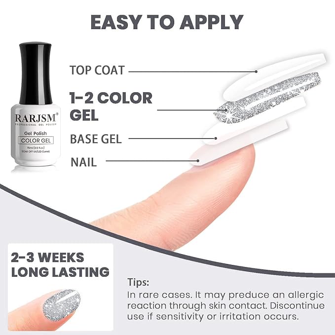 RARJSM Gel Polish Reflective Glitter,Gel Polish Glitter Silver,Flash Diamond Nail Gelpolish Soak off Disco Shimmer Gel Nail Polish UV LED Curing Requires 15ml for Home Salon Diy Nails Manicure