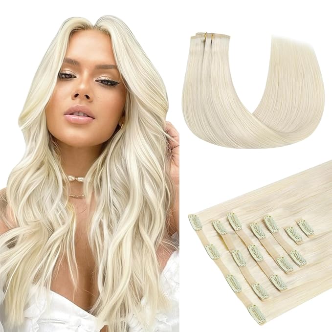 HOTBANANA Clip in Hair Extensions 16 inch 130g 7pcs Ivory Blonde Clip in Remy Human Hair Extensions Straight Hair Invisi Edge Clip Hair Full Head