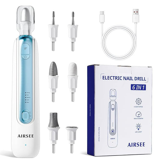 AIRSEE Professional Manicure Pedicure Kit,Cordless 6 in 1 Electric Nail File for feet,5 Speed Rechargeable Pedicure Tools for Thick Nail Toenail Cuticle, Hand Feet Trimmer Buffer for Women Men,Blue