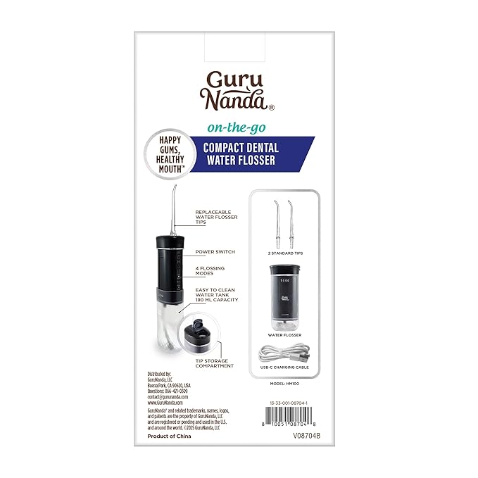 GuruNanda Compact Water Dental Flosser, Portable Travel Size Oral Irrigator Flosser with Collapsible 180 ml Tank, Smart Timer, 4 Flossing Modes, TSA-Approved - Black