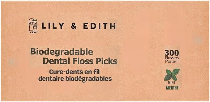 LILY & EDITH Biodegradable Dental Floss Picks Adults and Kids 300 Counts, Fluoride-Free, Plant Based Straw Wheat Material, Zero Waste Package, Shred Resistant (Mint)