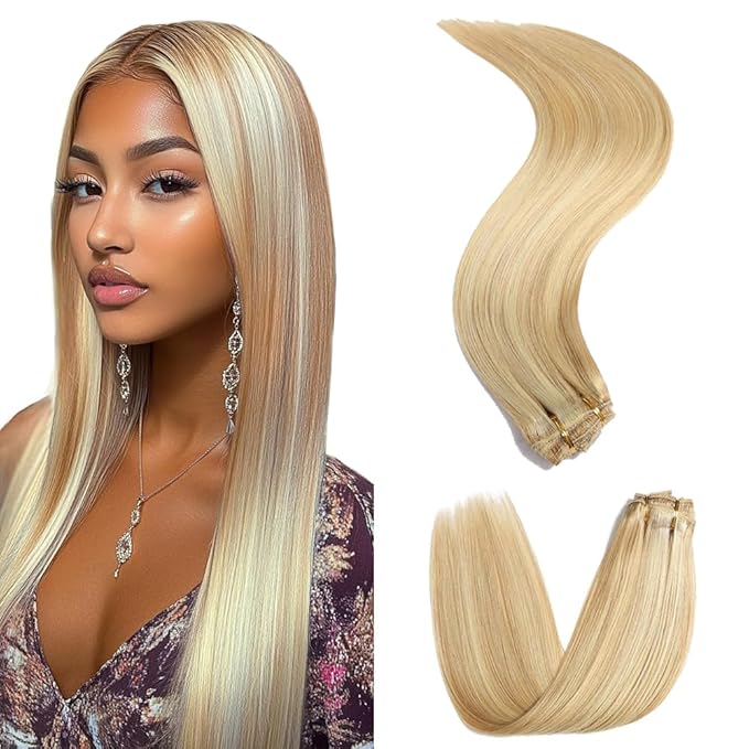 12 Inch P27/613 Blonde Clip in Hair Extensions - Real Remy Human Hair, 120g 7pcs, Highlight Blonde Human Hair Extensions Clip ins for Women