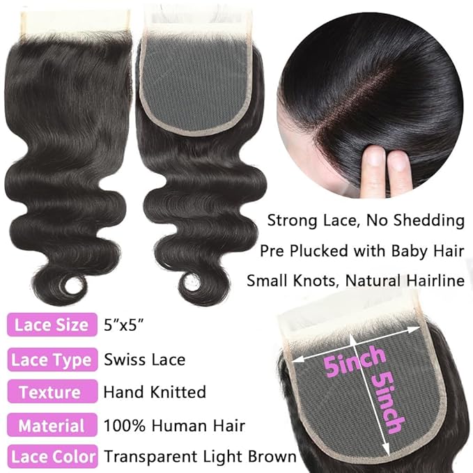 12A Human Hair Bundles with Closure 18 20 22 24+16 Inch Body Wave 4 Bundles Human Hair with 5x5 HD Lace Closure Brazilian Unprocessed Virgin Natural Black