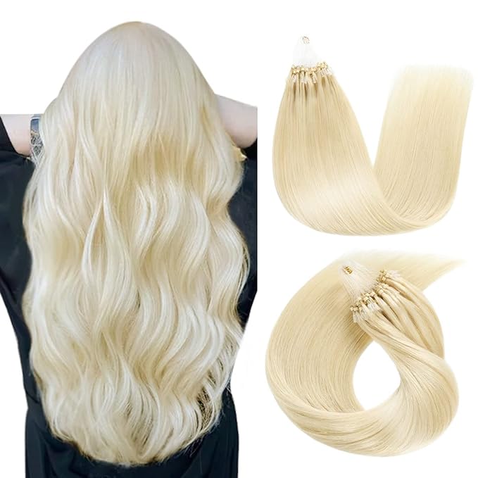 SUYYA Micro Links Hair Extensions Platinum Blonde Micro Loop Human Hair Extensions Straight Microlink Hair Extensions Human Hair 50 Strands 50g/Pack for Women(18 inch #60 Platinum Blonde)
