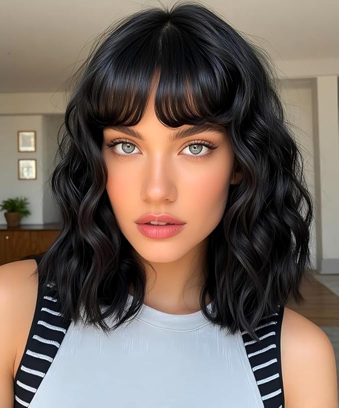 WAVE&BREEZE Short Black Bob Wigs with Bangs for Women 14Inch Curly Natural Looking Synthetic Hair Wig for Daily Party Costume