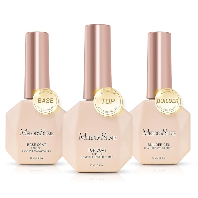 MelodySusie No Wipe Glossy Top Coat Base Coat Builder Gel 019 Set Long Lasting Shine Finish Soak Off UV LED Nail Lamp Nail Art Design Manicure Kit Perfect Gifts for Women Girls 3 Pcs 15ml