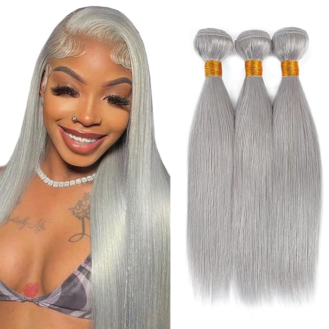 Gray Bundles Human Hair Silver Straight Bundle Brazilian Unprocessed Virgin Hair 3 Bundles 14 16 18 Inch Light Grey Bundle