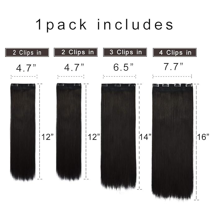 REECHO Multi-Length 12" 14" 16" Long Straight 4 PCS Set Thick Clip in on Hair Extensions Black Brown