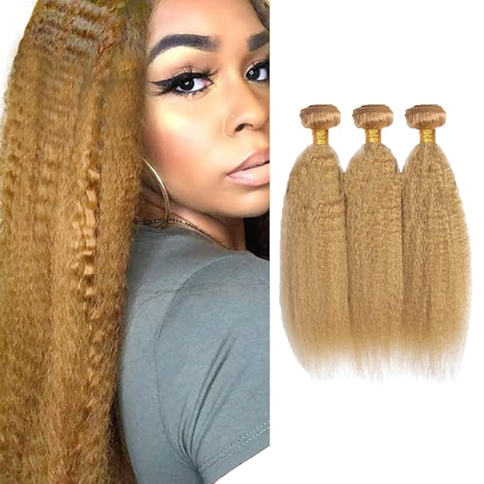 Honey Blonde Kinky Straight Bundles Human Hair Color #27 Bundles Peruvian Virgin Hair Mixed Length 3 Bundles 16 18 20 Inch 27 Blonde Human Hair Bundles Hair Extensions 150g