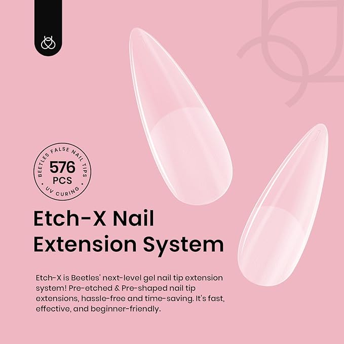 Beetles Gel Nail Tips Etch-X, Stiletto Medium, 576Pcs 12 Sizes, Pre-Etched Half Matte Full Cover Soft Acrylic False Nail Tips Easy DIY Press On Nail Extensions Salon Gift for Women