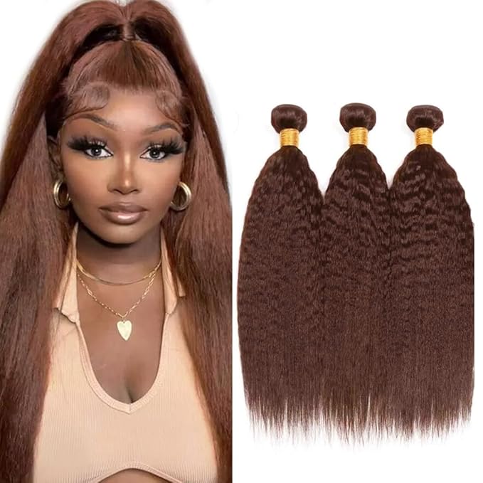 #4 Bundle Dark Brown Kinky Straight Human Hair 3 Bundles 16 18 20 inch Double Weft Chocolate Brown Hair Extensions