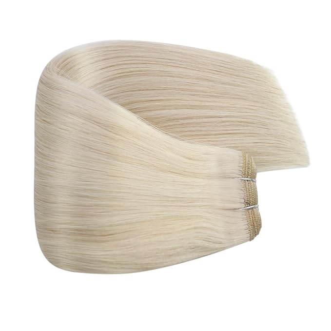 Fshine White Blonde Weft Hair Extensions Human 22 Inch 100g Blonde Double Weft Sew in Real Hand Tied Hair Extensions Real Long Straight for Women
