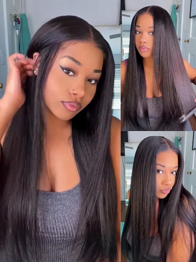 Julia Hair Pre Everything Glueless Wig Human Hair Yaki Straight 13x4 HD Lace with Ear Tape Bye Bye Knots Lace Front Wigs for Women Pre Bleached Invisible Knots Put On and Go Wig 18 Inch