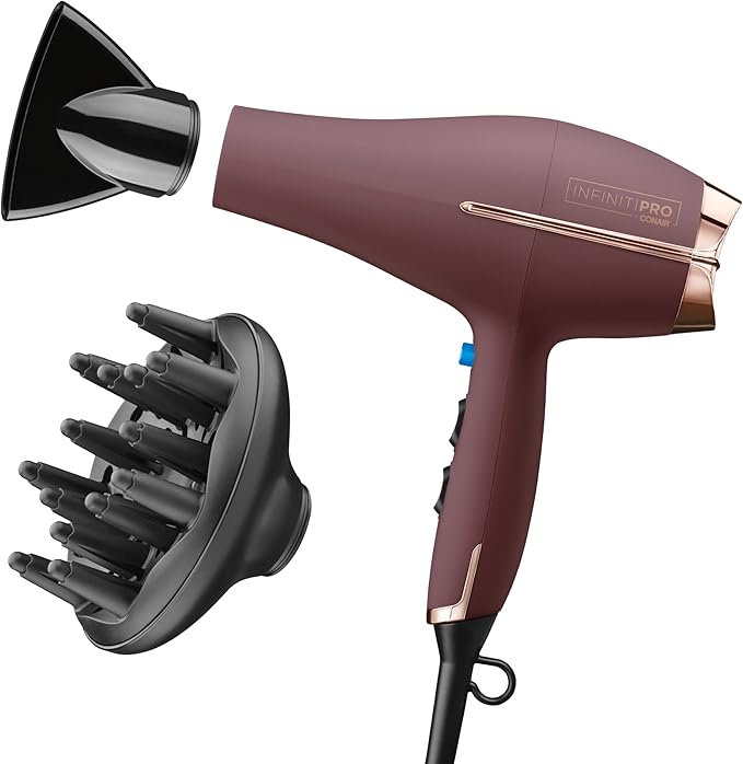 INFINITI PRO by CONAIR Hair Dryer, 1875W Blow Dryer with Diffuser and Concentrator Attachments, AC Motor with Ceramic Technology, 3 Heat & 2 Speed Settings, Plum