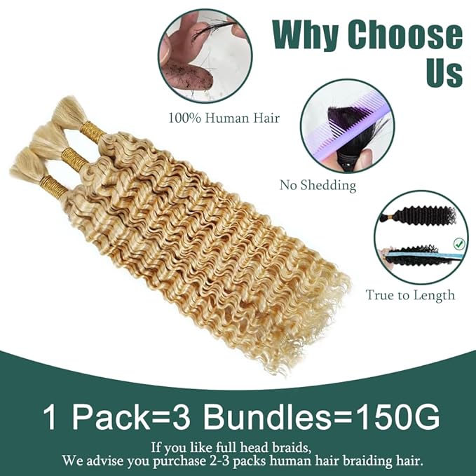 12 inch Blonde Human Braiding Hair 150g Honey Blonde Deep Wave Bulk Human Hair for Braiding No Weft 3 Braids Per Pack 27 Mixed With 613 Color