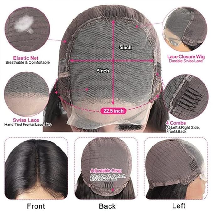 5x5 Bob Wig Human Hair Glueless Wigs Human Hair Pre Plucked HD Lace Closure Wigs Human Hair 180% Density Short Body Wave Bob Wigs for Black Women 10 inch