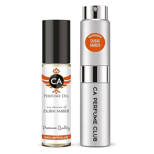 CA Perfume Duo Impression of Dubai Amber For Women And Men Perfume Layering Set Long Lasting Travel Size EDP + Body Oil Roll-On Bottle 0.27 Fl Oz+0.33 Fl Oz