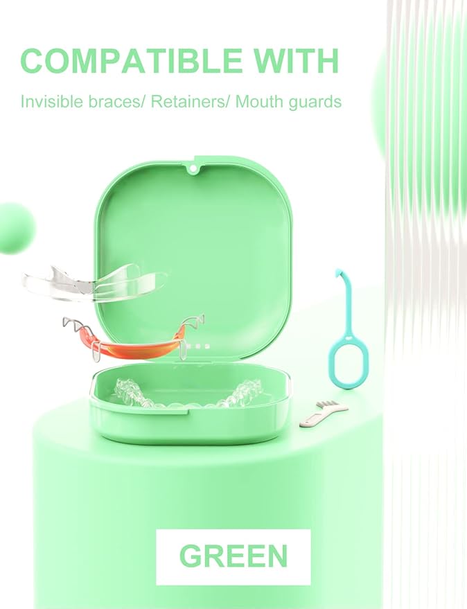HEMILAB® Retainer Case, Slim Aligner Case with Vent Holes, Compatible with Invisalign, Mouth Guard Case, Cute Retainer Case with Retainer Removal Tool and Brush, Green