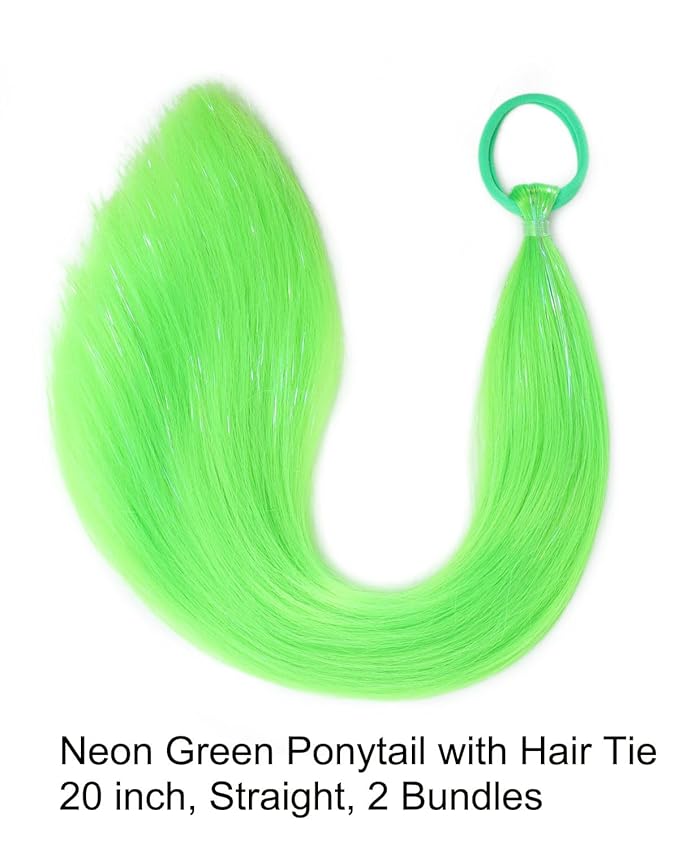 Colored Hair Extensions Neon Green Ponytail Extension 2 Packs, 20 inch Crazy Hair Day Accessories for Women, DIY Festival Wacky Rave Braids,Tinsel Mixed