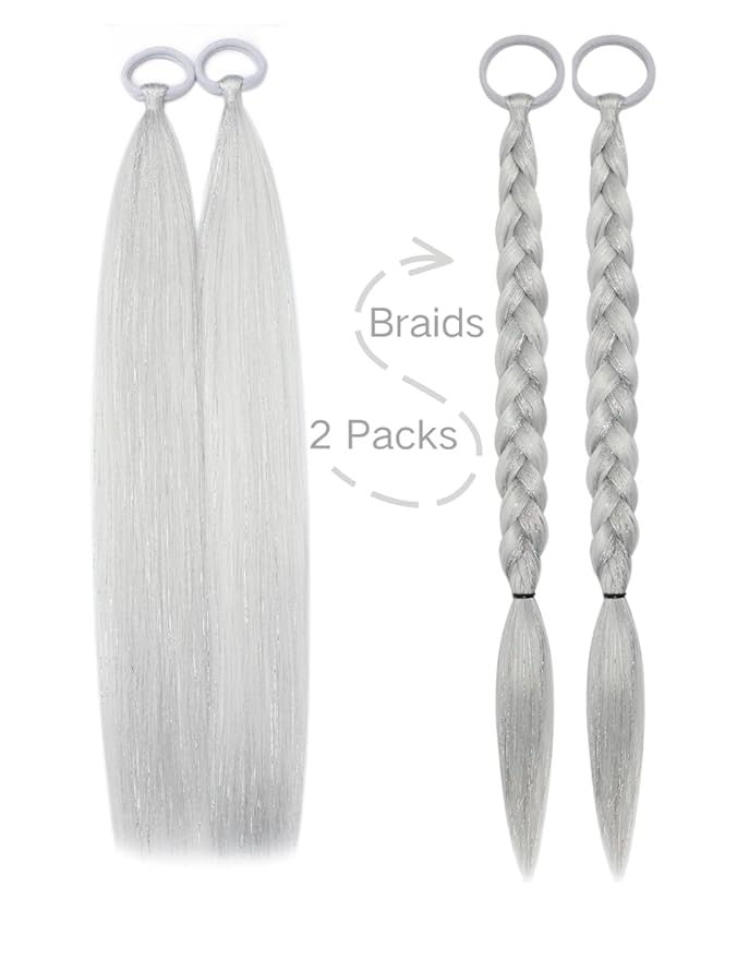 White Hair Extensions for Braids Ponytail Extension 2 Packs, 20 inch Crazy Hair Day Accessories for Women, DIY Festival Wacky Rave Braids,Tinsel Mixed