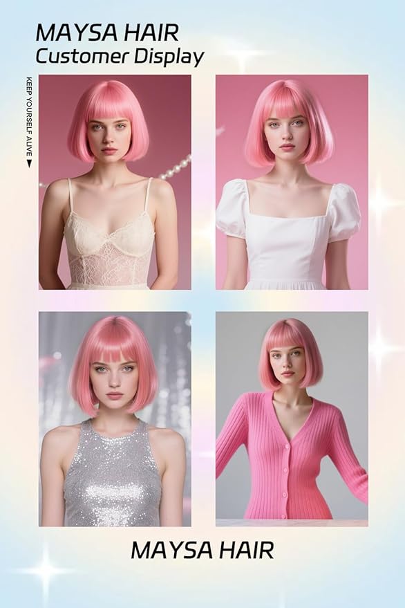 MAYSA Pink Bob Wig with Bangs for Women Short Straight Bob Wigs 12in Synthetic Cosplay Daily Party Colorful Neon Wigs # Light Pink