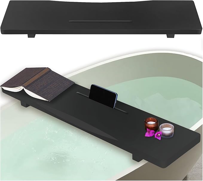 Stylish Black Bamboo Bathtub Tray Caddy with Adjustable Legs, Minimalistic Design Bath Tray for Tub, Bathtub Accessories, Fits Most Standard Bath Tubs, Idea for Women