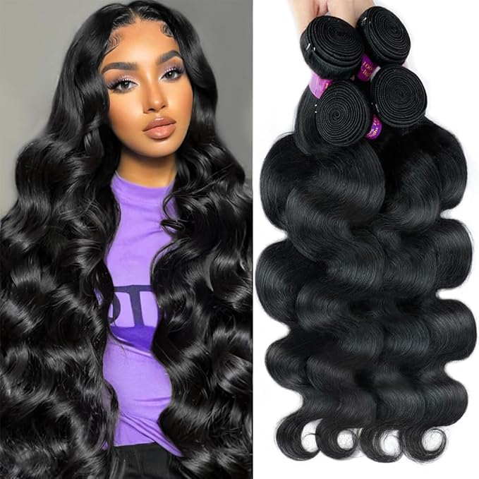 14A Body Wave Human Hair Bundles 4 Bundles Human Hair 24 26 28 30 Inch 100% Unprocessed Brazilian Hair Bundles Deals Human Hair Body Wave Hair Extensions Quick Weave Natural Black
