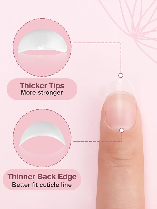 EBANKU Build on Apex Natural Nail Tips, 16 Sizes 480 PCS Short Almond Clear Acrylic Full Cover Press on Nail Tips with Builder Glue, Pre-applied Tip Primer & Base Coat