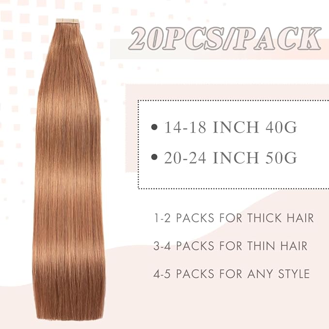 Tape in Extensions Skin Weft Tape Extensions Human Hair 20pcs Remy Hair Extensions 22 Inch Light Brown Straight Invisible Human Hair (30#,22 Inch)