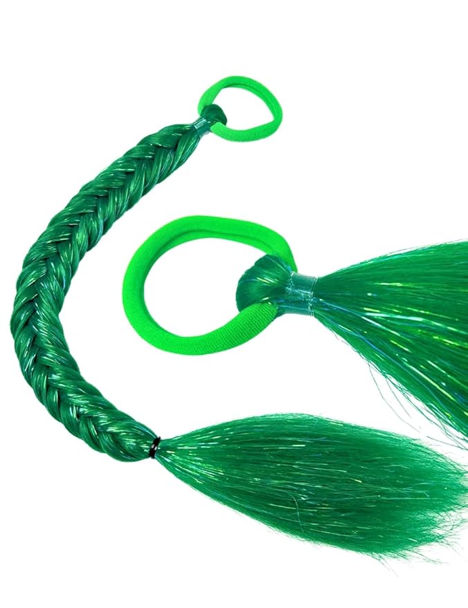 Colored Hair Extensions Green Ponytail Extension 2 Packs, 20 inch Crazy Hair Day Accessories for Women, DIY Festival Wacky Rave Braids,Tinsel Mixed