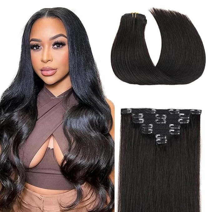 28 Inch 1B Clip in Hair Extensions - Real Remy Human Hair, 120g 7pcs, Naturel Black Human Hair Extensions Clip ins for Women