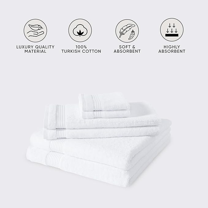 Classic Turkish Towels CTT - Luxury 6 Piece Towel Set, 100% Turkish Cotton, Quick Drying, Highly Absorbent & Comfy, Includes 2 Bath Towels, 2 Hand Towels & 2 Washcloths | (White)