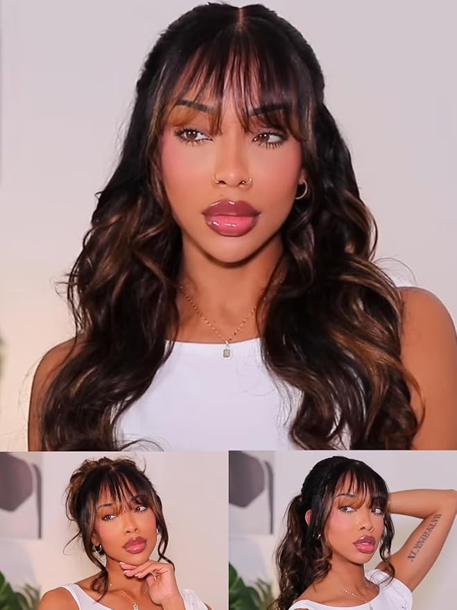 Julia Hair Pre Everything Glueless 13x4 HD Lace Front Wigs Human Hair Pre Plucked Pre Cut Balayage Highlight Body Wave Curtain Bangs Bye Bye Knots Drawstring Wigs Ready to Wear Frontal Wig 26 Inch