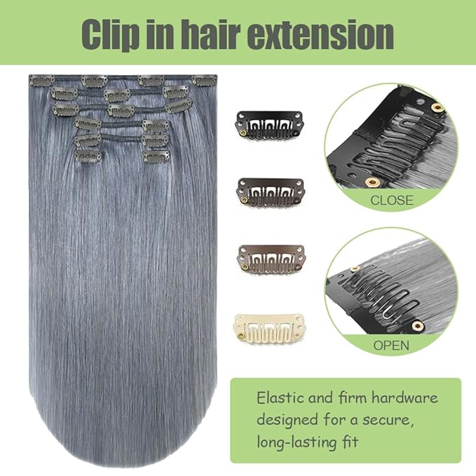 24 Inch Grey Clip in Hair Extensions - Real Remy Human Hair, 120g 7pcs, Silver Grey Human Hair Extensions Clip ins for Women