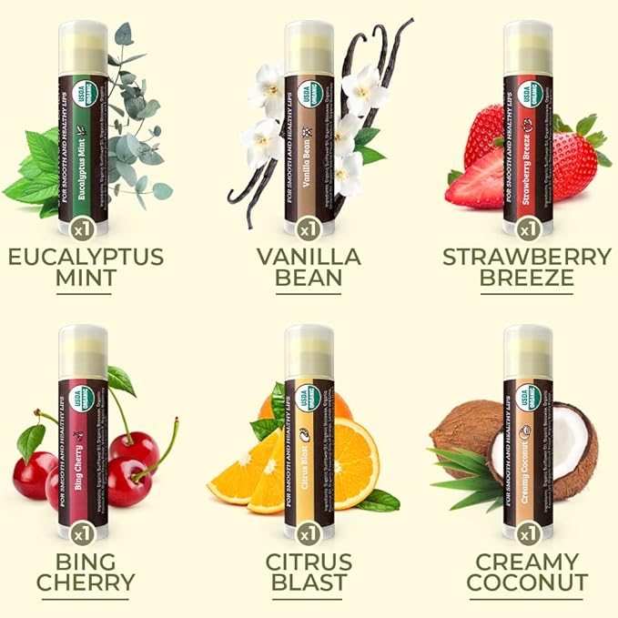 Earth's Daughter USDA Organic Lip Balm 6-Pack Stocking Stuffers - Fruit Flavors, Beeswax, Coconut Oil, Vitamin E - Best Lip Repair Chapstick for Dry Cracked Lips - Moisturizing Lip Care
