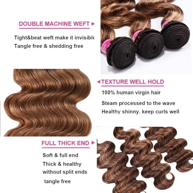 UNICE Body Wave Honey Blonde Highlight Human Hair 3 Bundles with 4x4 lace closure Free Part Ombre 12A Remy Human Hair Weave Extensions 16 18 20+16 Inch Closure