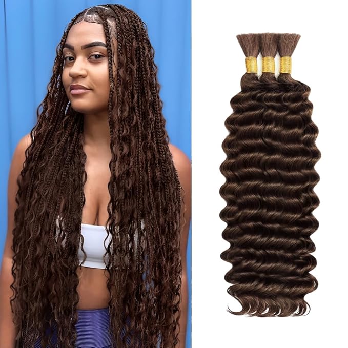 Braiding Hair Deep Wave Bulk Human Hair 26 26 26 Inch Chocolate Brown Deep Wave Bulk 3 Bundles No Weft Brazilian Wet and Wavy Bundles