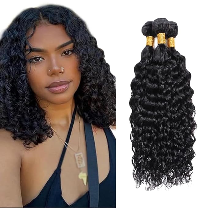 Human Hair Bundles Human Hair Water Wave Bundles Wet and Wavy Bundle 12 14 16 inch Double Weft #1B Color 150g