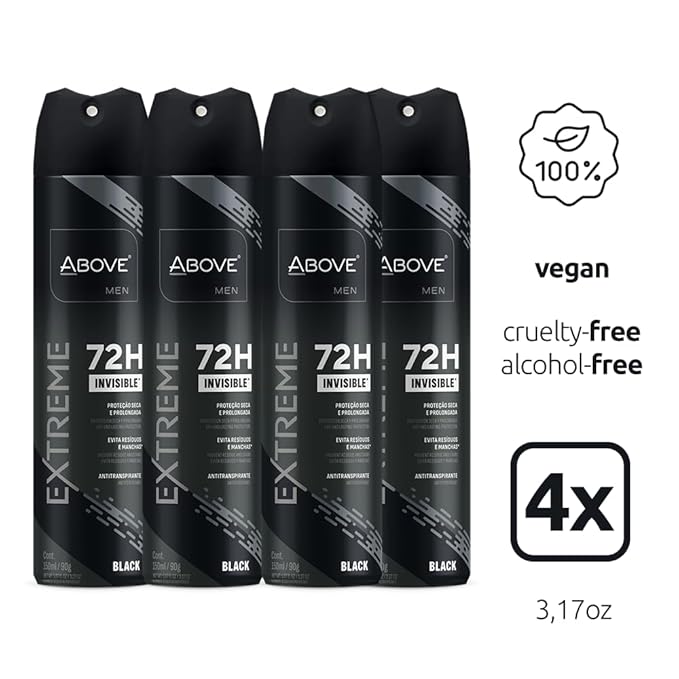 ABOVE Extreme Men Black - 72H Antiperspirant Spray Deodorant for Men 5.07 Fl Oz(4 Pack) | Aluminum-Free | Fresh Mist, No Stain, No Alcohol, Long-Lasting Men's Deodorant Spray | Lavender and Oliban