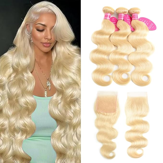 613 Bundles Blonde Human Hair Body Wave Bundles with Closure (24 26 28+22 inch) 100% Unprocessed 12A Grade Brazilian Virgin Hair Extensions Quick Weave Full and Thick No Tangle