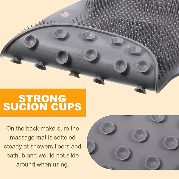 Shower Foot & Back Scrubber, Massage Pad with Suction Cups & Pumice Stone, Multi-Surface Silicone Bath Mat for Exfoliating and Massaging in Shower or Bathtub, 9.8x11.8 Inch (Pink)
