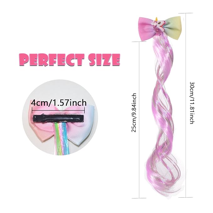 Ideal Swan 6 Set Hair Extensions Clip - Colored Straight Curly Hair Extensions for Kids Ponytails Girls, Rainbow Thick Wig Clip in Fake Bangs with Cute Unicorn Accessories (Curly Hair 02)
