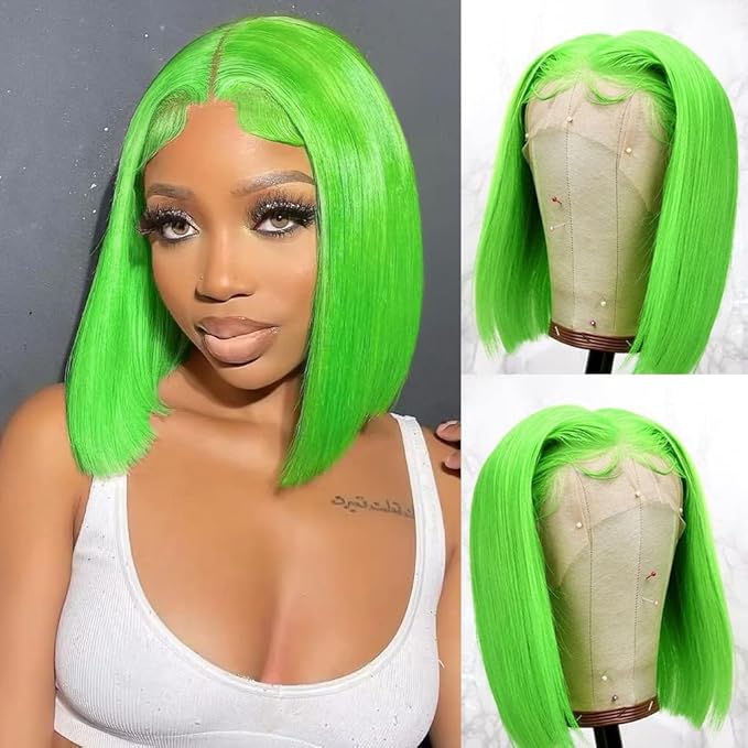 Green Bob Wig Human Hair Wear and Go Glueless Bob Wig 13x4 HD Lace Front Wigs Human Hair Bob Human Hair Wigs For Black Women 200% Density Pre Plucked With Baby Hair (12inch)