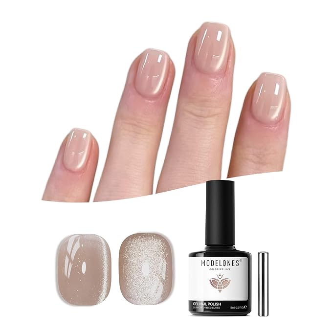 modelones Silk Cat Eye Gel Nail Polish,Pearl Nude Gel Polish Glitter Glass Polish with Magnet Soak Off Led Shimmer Shell 15 ML